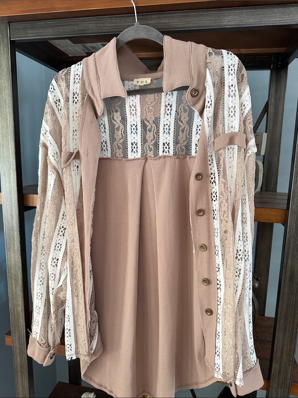POL Women's Blush Taupe Lace-Trim Button Front Jacket nwot ptp 26 - Picture 2 of 3